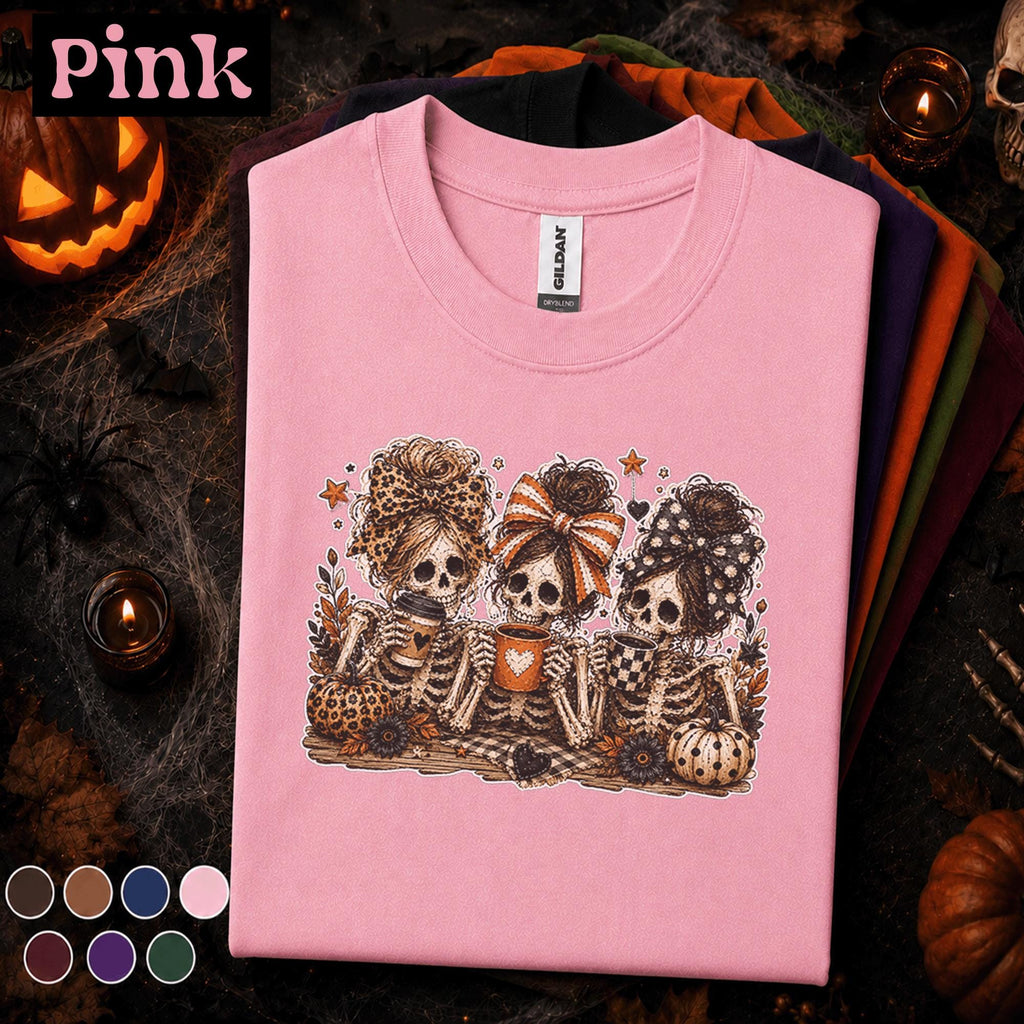 Skeleton Besties Halloween Shirt, Spooky Coffee T Shirt, Cute Bow Skeleton Tee, Pumpkin Fall Shirt, Halloween Girls Gift Tee