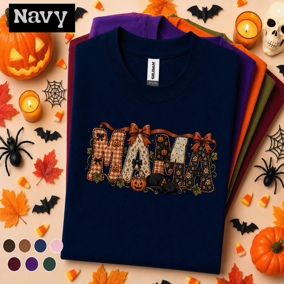 Mama Halloween Shirt, Retro Patchwork Pumpkin Mom Tee, Black Cat Spooky Mama Shirt, Cute Fall Halloween Gift for Mom Autumn Tee