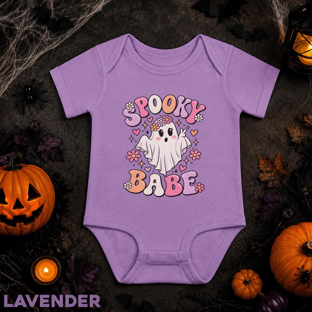 Spooky Babe Halloween Baby Bodysuit, Cute Floral Ghost Infant Onesie, Retro Groovy Baby Girl Outfit, Pink First Halloween Baby Gift