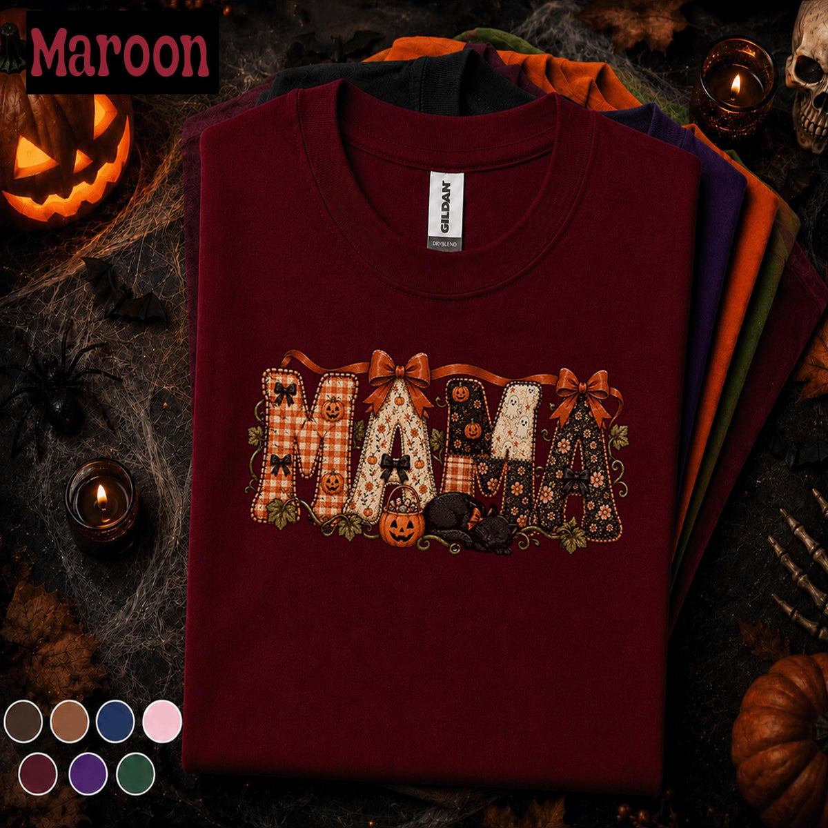 Mama Halloween Shirt, Retro Patchwork Pumpkin Mom Tee, Black Cat Spooky Mama Shirt, Cute Fall Halloween Gift for Mom Autumn Tee
