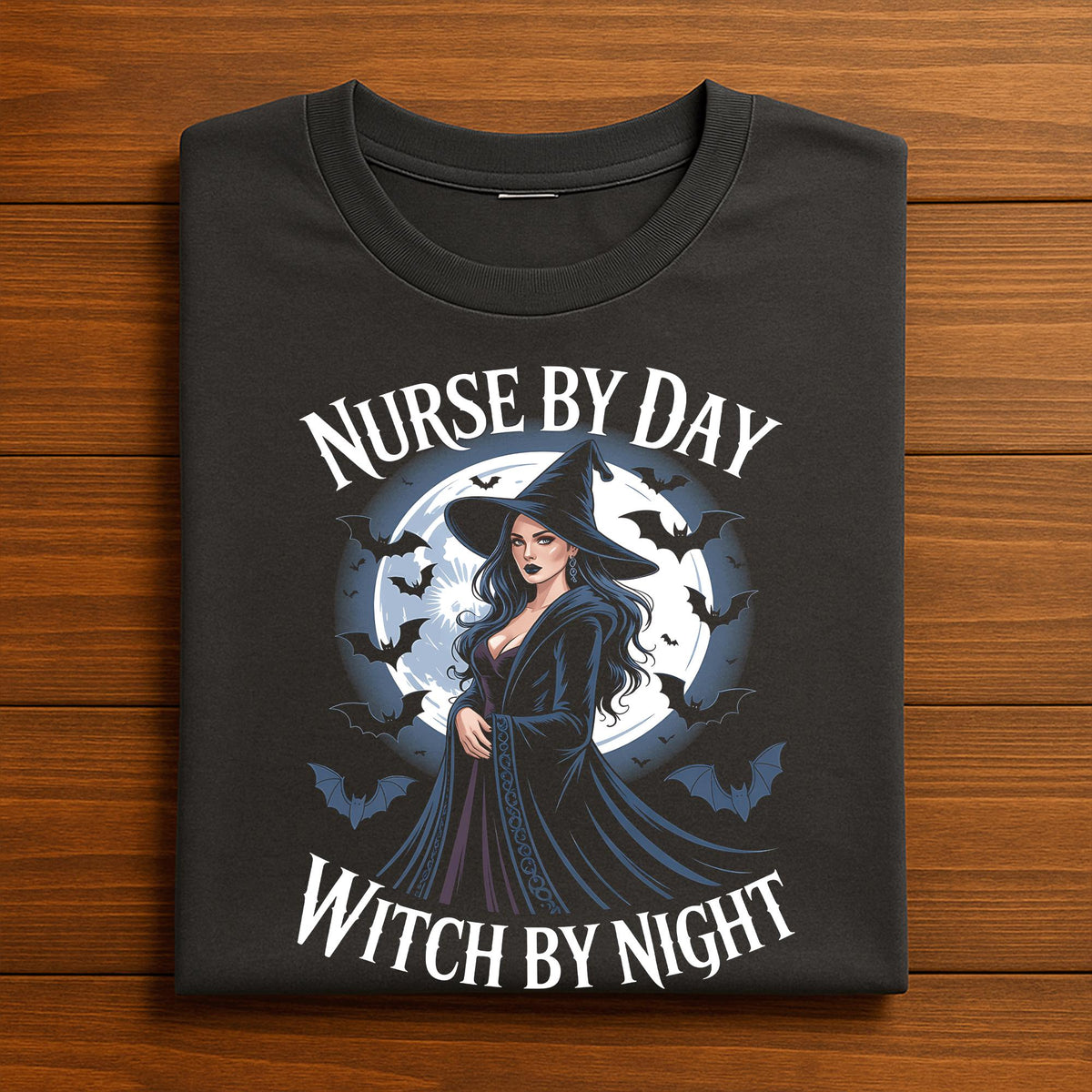 Nurse by Day Witch by Night Shirt, Gift Nurse Witch Halloween Nurse Tee with Full Moon and Bats, Spooky Nurse Costume for Healthcare Workers