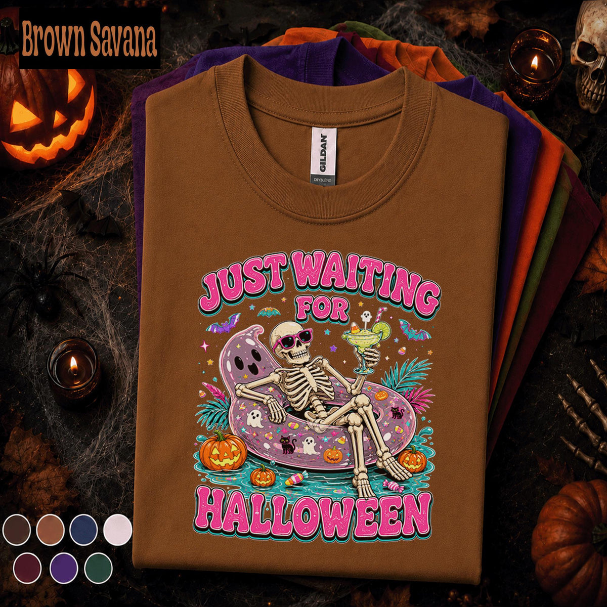 Just Waiting for Halloween Shirt, Funny Skeleton Pool Float Tee, Spooky Summer Halloween Shirt, Pink Halloween Skeleton Gift