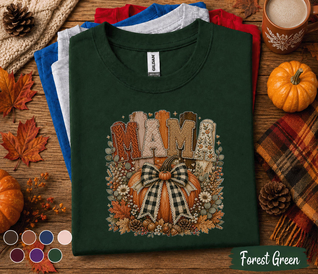 Mama Fall Shirt, Cozy Pumpkin Mama Sweatshirt, Autumn Harvest Floral Tee, Thanksgiving Mom Gift, Cute Rustic Pumpkin Bow Shirt for Women