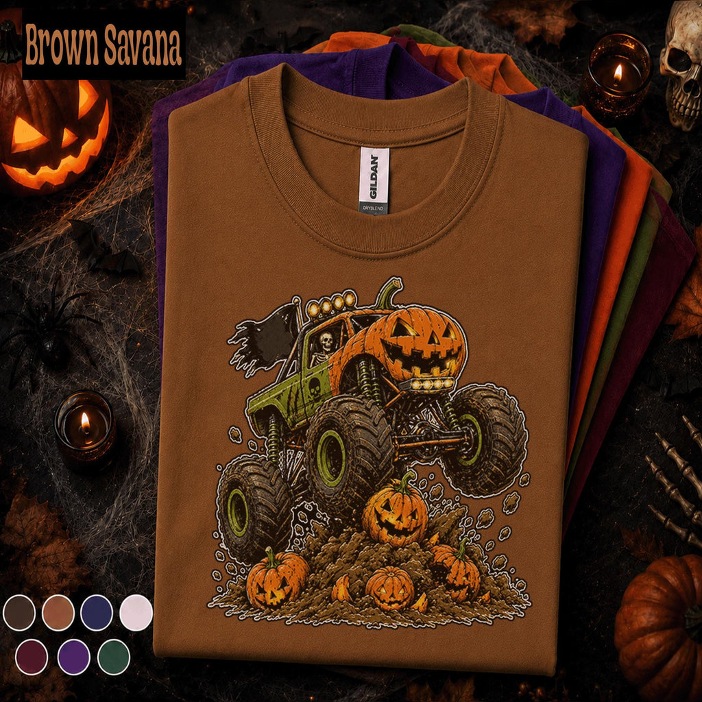 Pumpkin Monster Truck Halloween Shirt, Jack O Lantern Truck Tee, Spooky Racing T Shirt, Kids Skeleton Driver Halloween Gift for Truck Lovers