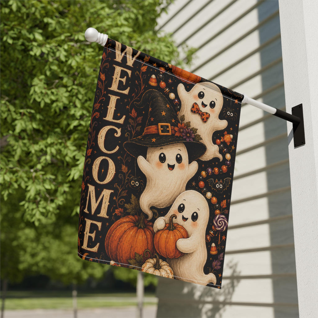 Cute Ghost Halloween Garden Flag, Welcome Witch Pumpkin Yard Decor, Spooky Ghost Outdoor Flag, Whimsical Halloween Porch Decoration
