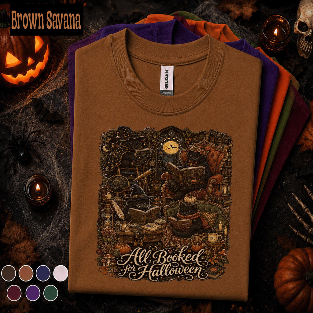 All Booked for Halloween Shirt, Gothic Black Cat Book Lover Tee, Witchy Library Shirt, Dark Academia Reader Gift, Spooky Autumn Bookish Tee