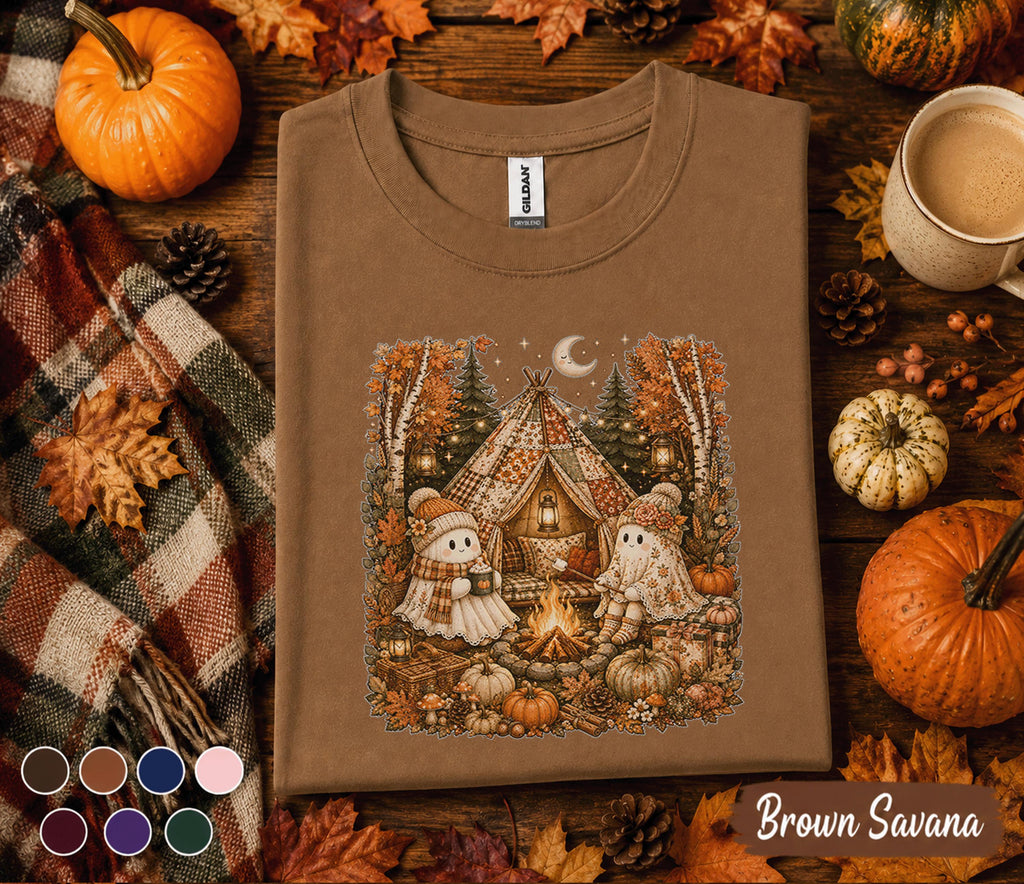 Cute Ghost Camping Fall Shirt, Cozy Autumn Campfire Ghost Sweatshirt, Halloween Glamping Tee, Pumpkin Camp Shirt, Spooky Season Nature Gift