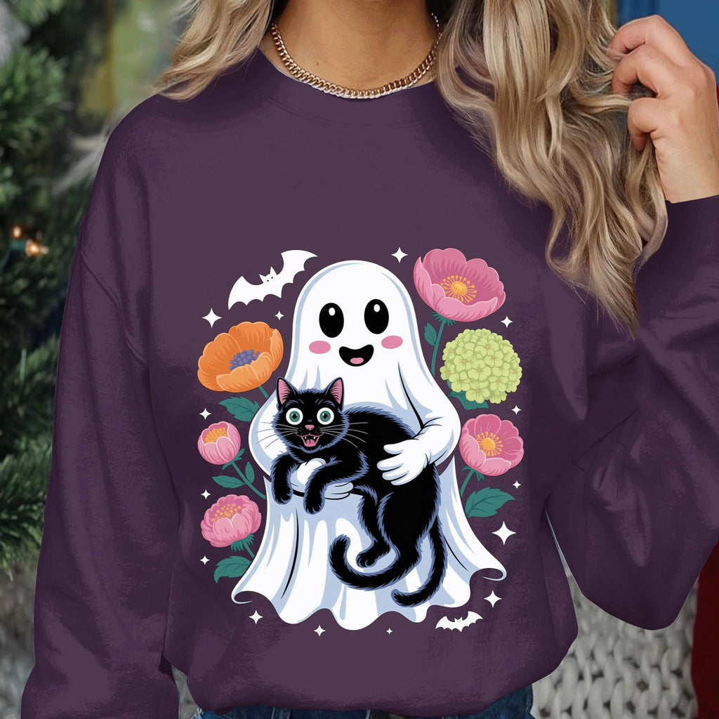 Cute Ghost Holding Black Cat with Flowers Shirt, Kawaii Spooky Halloween Ghost Tee, Haunted Cat Lover Costume Top, Ghost Cat Halloween Shirt