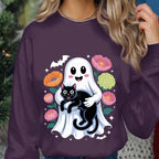Cute Ghost Holding Black Cat with Flowers Shirt, Kawaii Spooky Halloween Ghost Tee, Haunted Cat Lover Costume Top, Ghost Cat Halloween Shirt