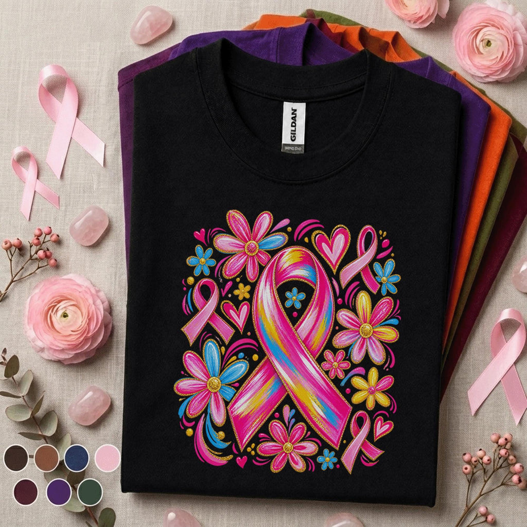 Breast Cancer Awareness Shirt, Colorful Pink Ribbon Floral Tee