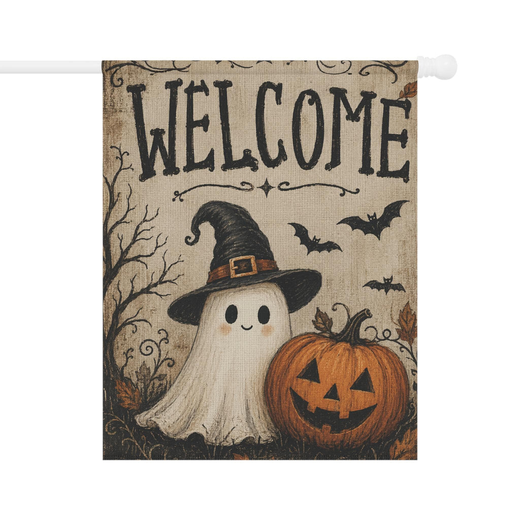Ghost Witch Halloween Garden Flag, Welcome Pumpkin Yard Decor, Cute Spooky Witch Hat Ghost, Vintage Halloween Outdoor Porch Decoration