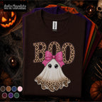 Boo Halloween Shirt, Cute Ghost Tee, Pink Bow Halloween Top, Leopard Print Ghost Shirt, Girly Spooky Season Tee, Fall Gift