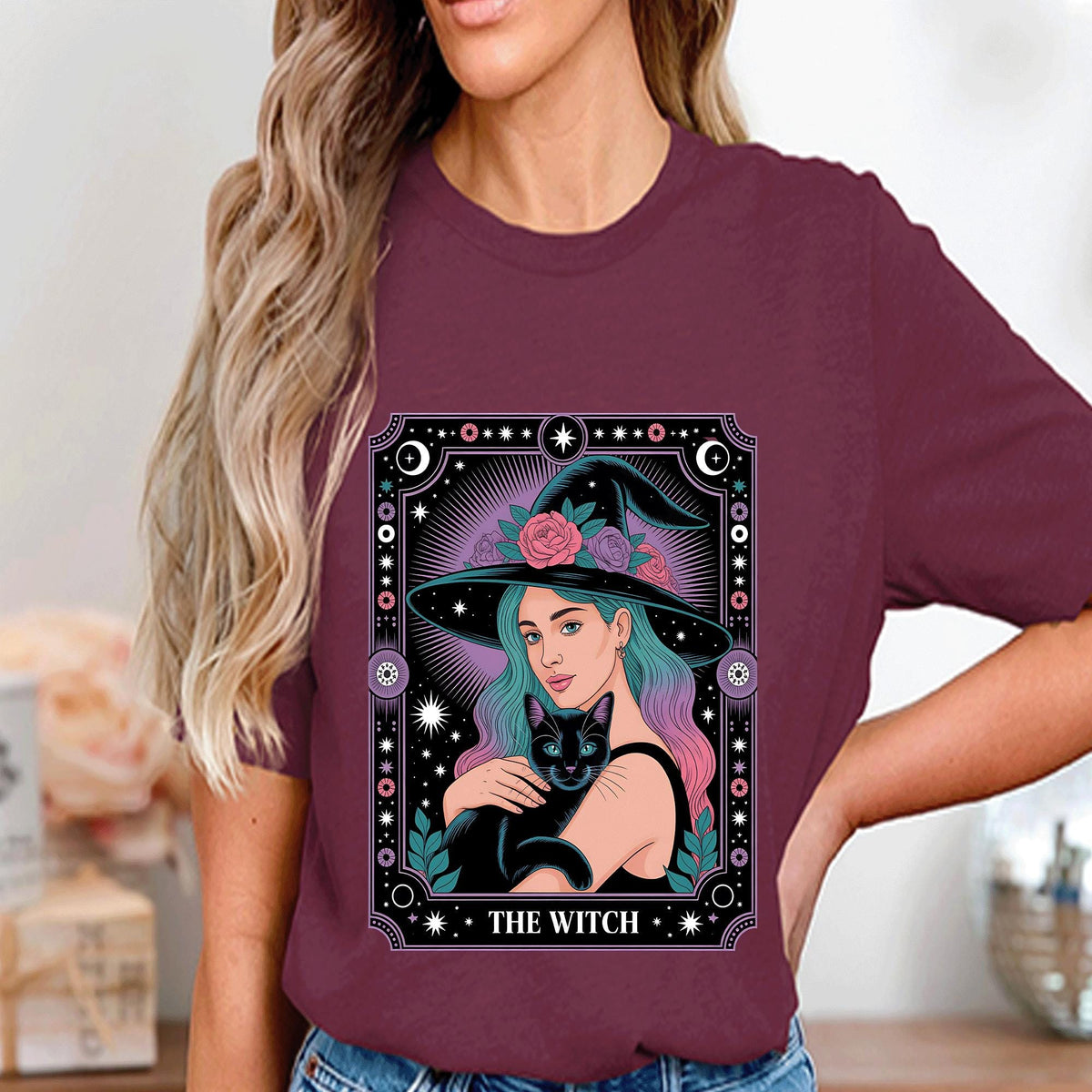 The Witch Shirt Black Cat Floral Witch Hat, Spooky Halloween Witch Tee, Haunted Cat Costume Top, Women Halloween Shirt, Halloween Sweatshirt