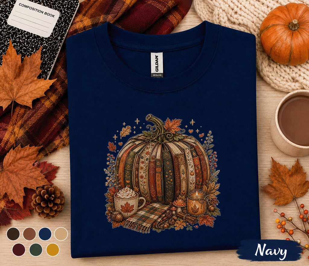 Cozy Pumpkin Books Shirt, Autumn Book Lover Tee, Patchwork Pumpkin Fall T-Shirt, Cottagecore Thanksgiving Outfit, Pumpkin Spice Gift