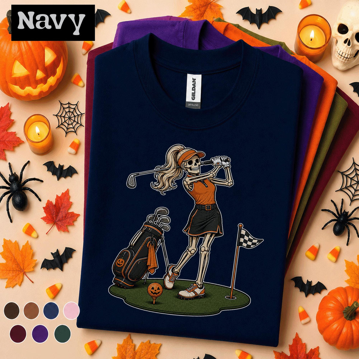 Skeleton Golfer Halloween Shirt, Funny Women Golf Tee, Spooky Golf Lover Gift, Pumpkin Golf Ball Shirt, Vintage Halloween Sports Tee