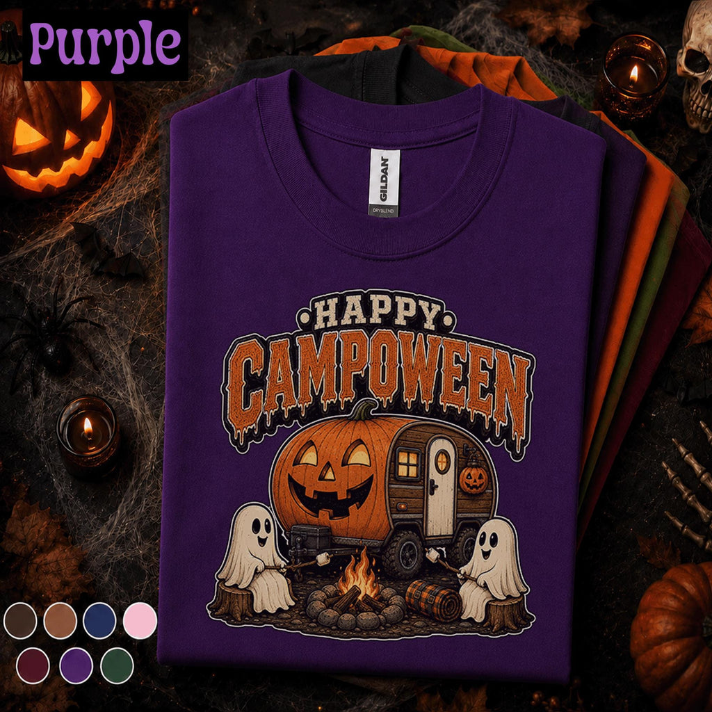 Happy Campoween Halloween Camping Shirt, Cute Ghost Camper Tee, Pumpkin RV Camping Gift, Spooky Campfire Shirt, Fall Camping Tee
