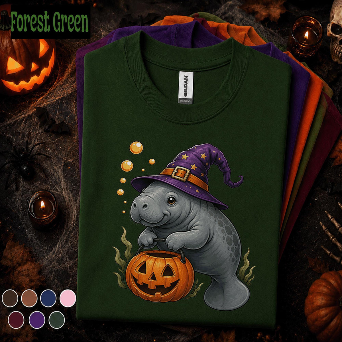 Manatee Halloween Shirt, Cute Witch Manatee Tee, Pumpkin Shirt, Funny Ocean Animal Halloween Gift, Spooky Sea Cow Tee