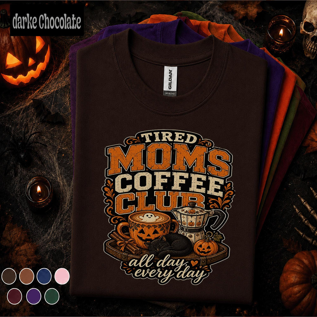 Tired Moms Coffee Club Halloween Shirt, Spooky Coffee Mom Tee, Pumpkin Latte Graphic Shirt, Cozy Fall Mom Gift, Halloween Coffee Lover Tee