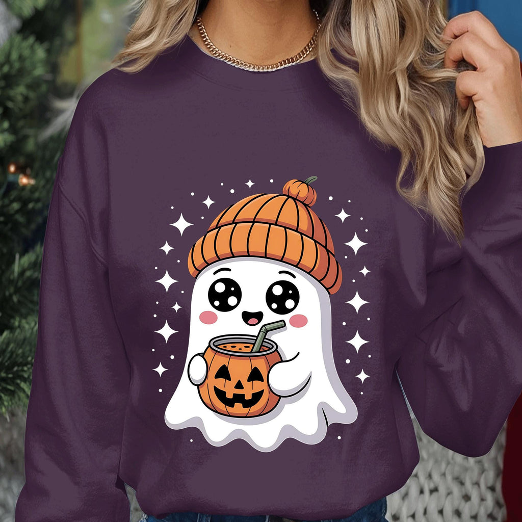 Cute Ghost Shirt with Pumpkin Beanie, Halloween Shirt, Kawaii Halloween Tee, Coffee Fall Ghost Sweatshirt, Spooky Season Cute Halloween Gift
