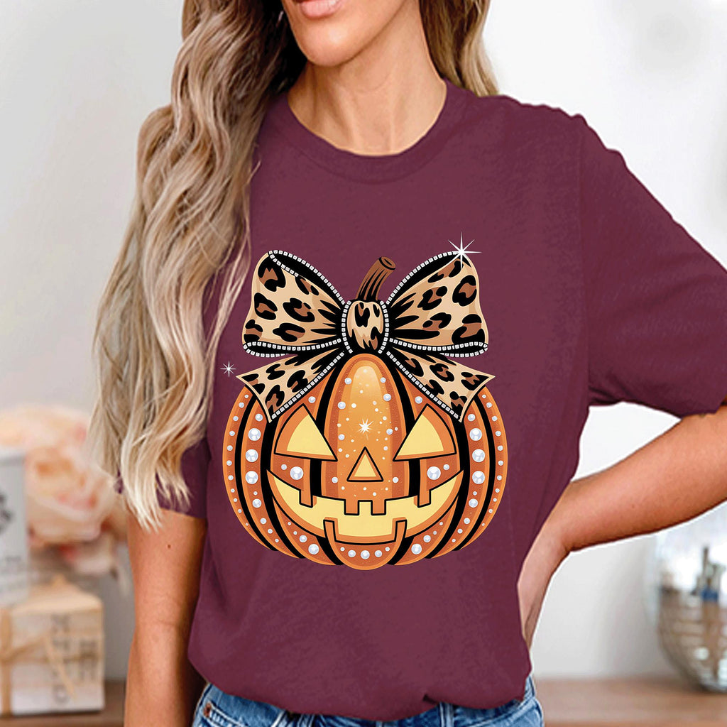 Cute Halloween Pumpkin Shirt With Leopard Bow, Pumpkin Face Sweatshirt,  Pumpkin Halloween Shirt, Spooky Pumpkin Tee, Jack O Lantern Shirt
