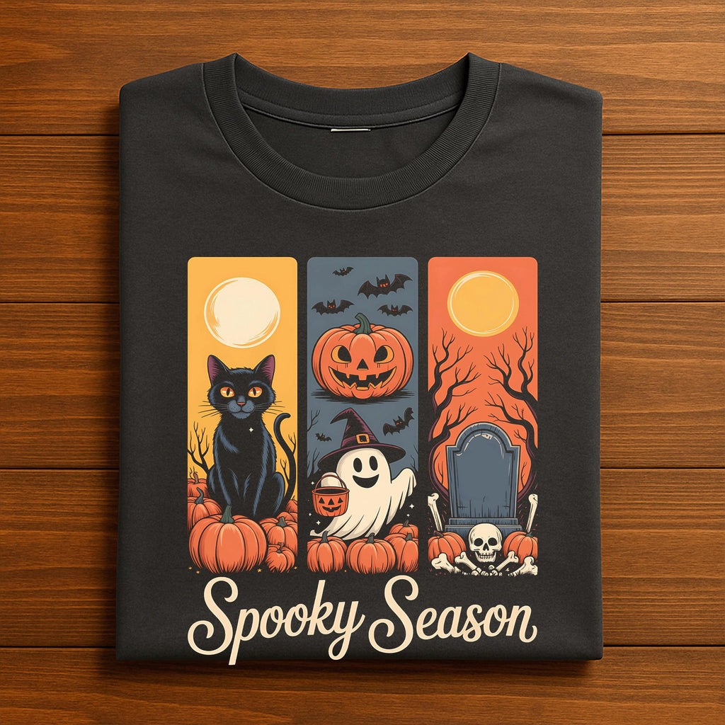 Gift Spooky Season Shirt, Fall Womens Halloween Tee with Cat Pumpkin Ghost, Gothic Graveyard T-Shirt, Women Spooky Halloween Shirt For Girls