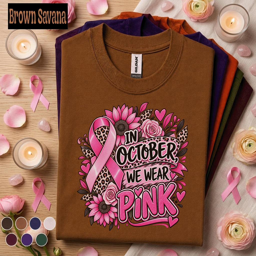 Breast Cancer Awareness Shirt, In October We Wear Pink Tee, Pink Ribbon Leopard Floral Shirt, Survivor Fighter Support Gift for Women