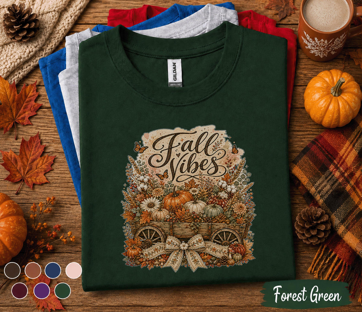 Fall Vibes Shirt, Cozy Autumn Pumpkin Wagon Sweatshirt, Rustic Harvest Floral Tee, Thanksgiving Shirt, Cute Fall Season Gift for Women