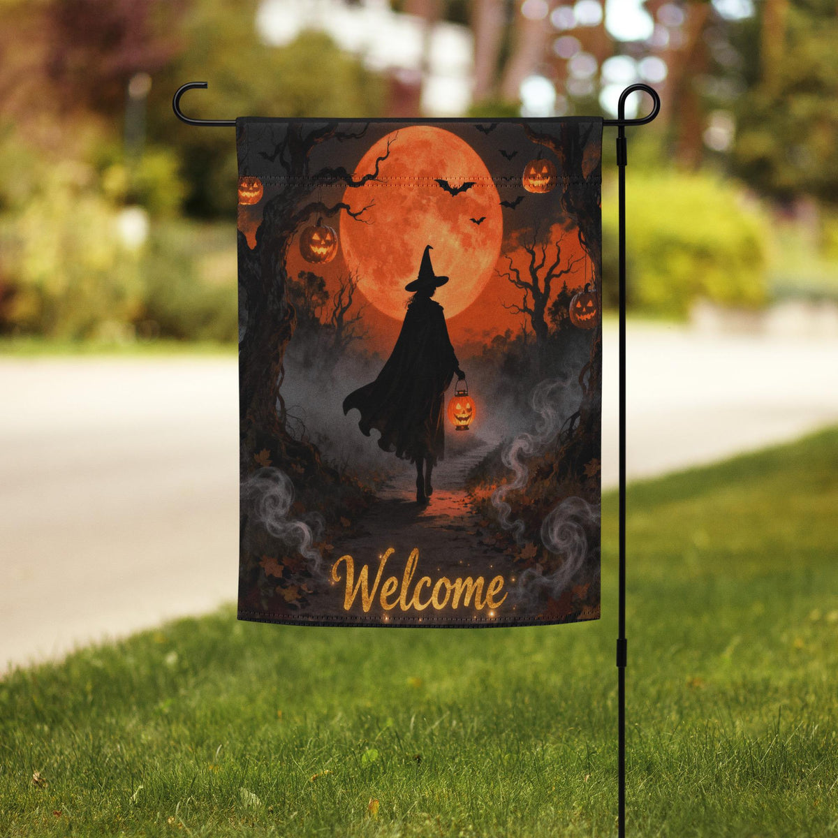 Halloween Witch Garden Flag with Full Moon, Personalized Outdoor Banner, Custom Yard Sign for Porch - Eerie Fall Halloween Party Decoration
