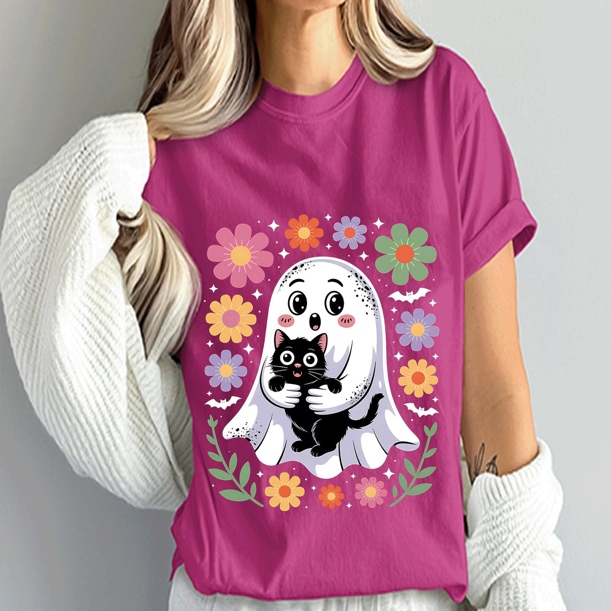 Cute Ghost Cat Flowers Shirt, Spooky Kawaii Halloween Tee, Haunted Ghost Cat Costume, Girls Halloween Shirt, Women Halloween Sweatshirt Gift