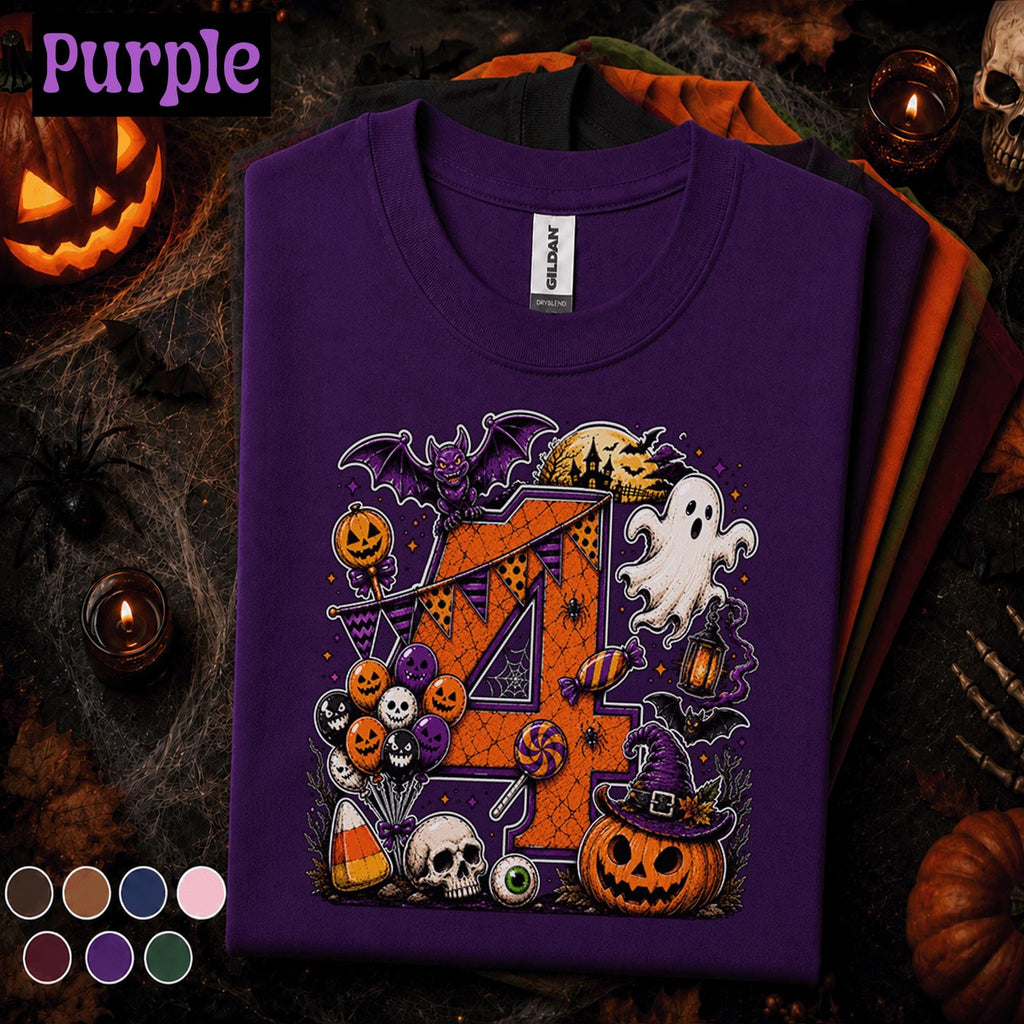 4th Birthday Halloween Shirt, Spooky Number 4 Tee, October Birthday Party Shirt, Ghost Pumpkin Witch Kids Halloween Gift for Girls Boys