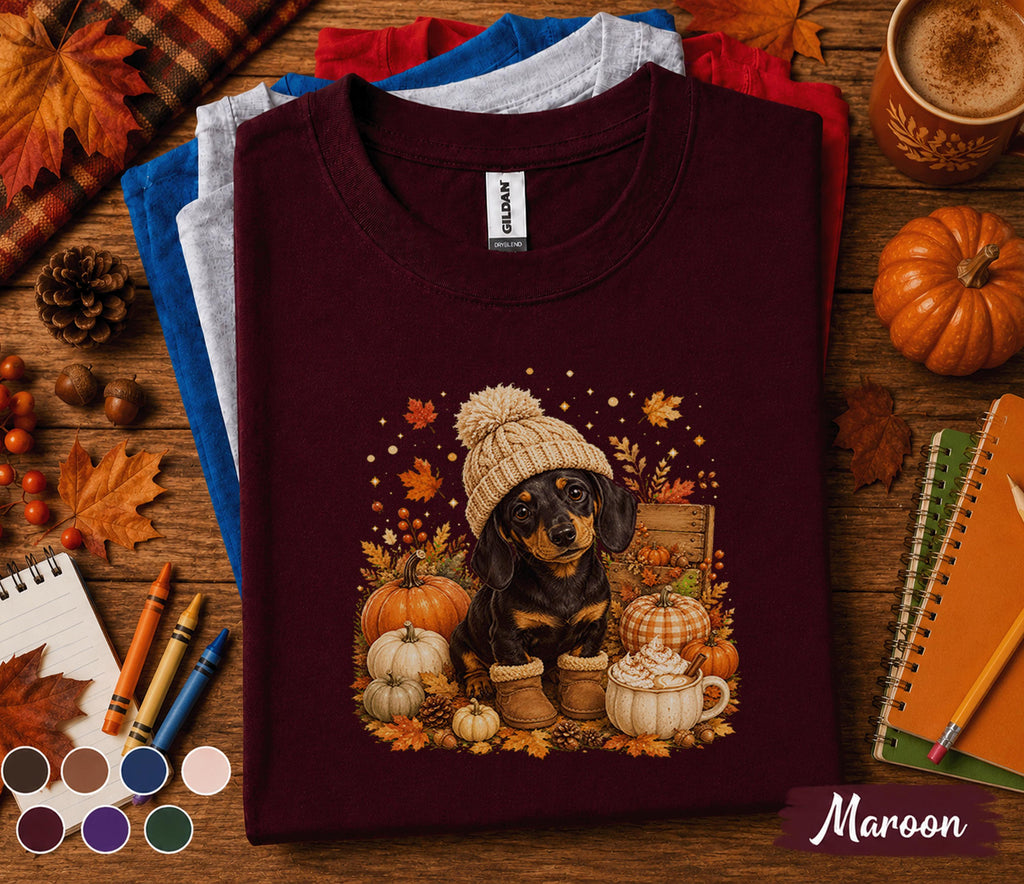 Cute Dachshund Fall Shirt, Cozy Autumn Wiener Dog Pumpkin Tee, Doxie Lover Sweatshirt, Thanksgiving Puppy, Dog Mom Gift, Fall Coffee Shirt