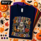 You Cant Scare Me I Teach Preschool Halloween Shirt, Funny Ghost Teacher Tee, Preschool Teacher Gift, Cute Spooky Classroom Shirt