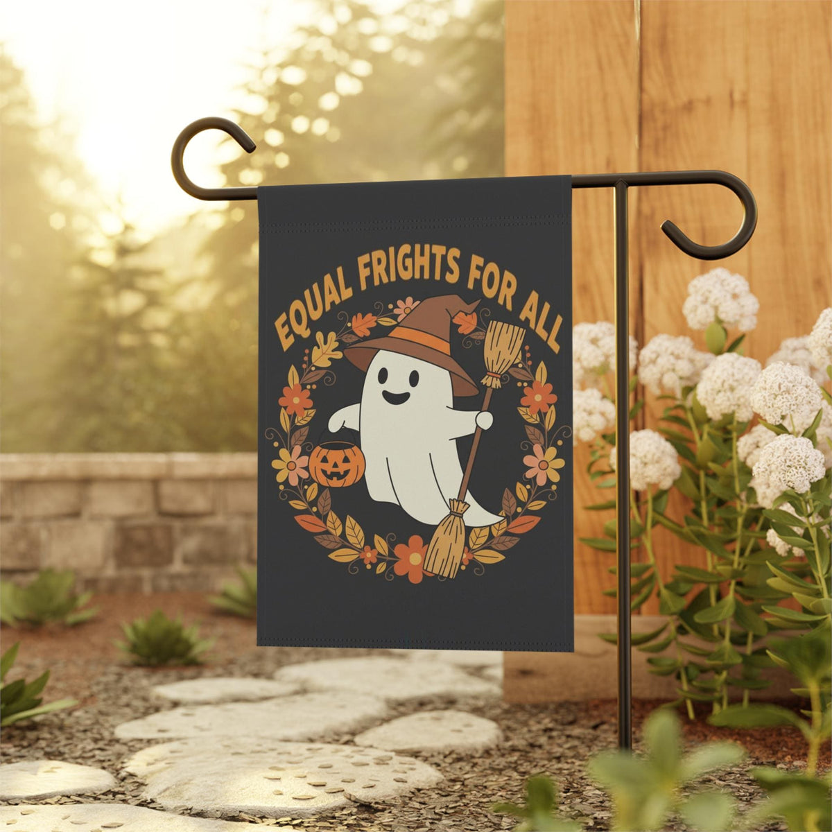 Equal Frights Halloween Garden Flag: Ghost, Pumpkin