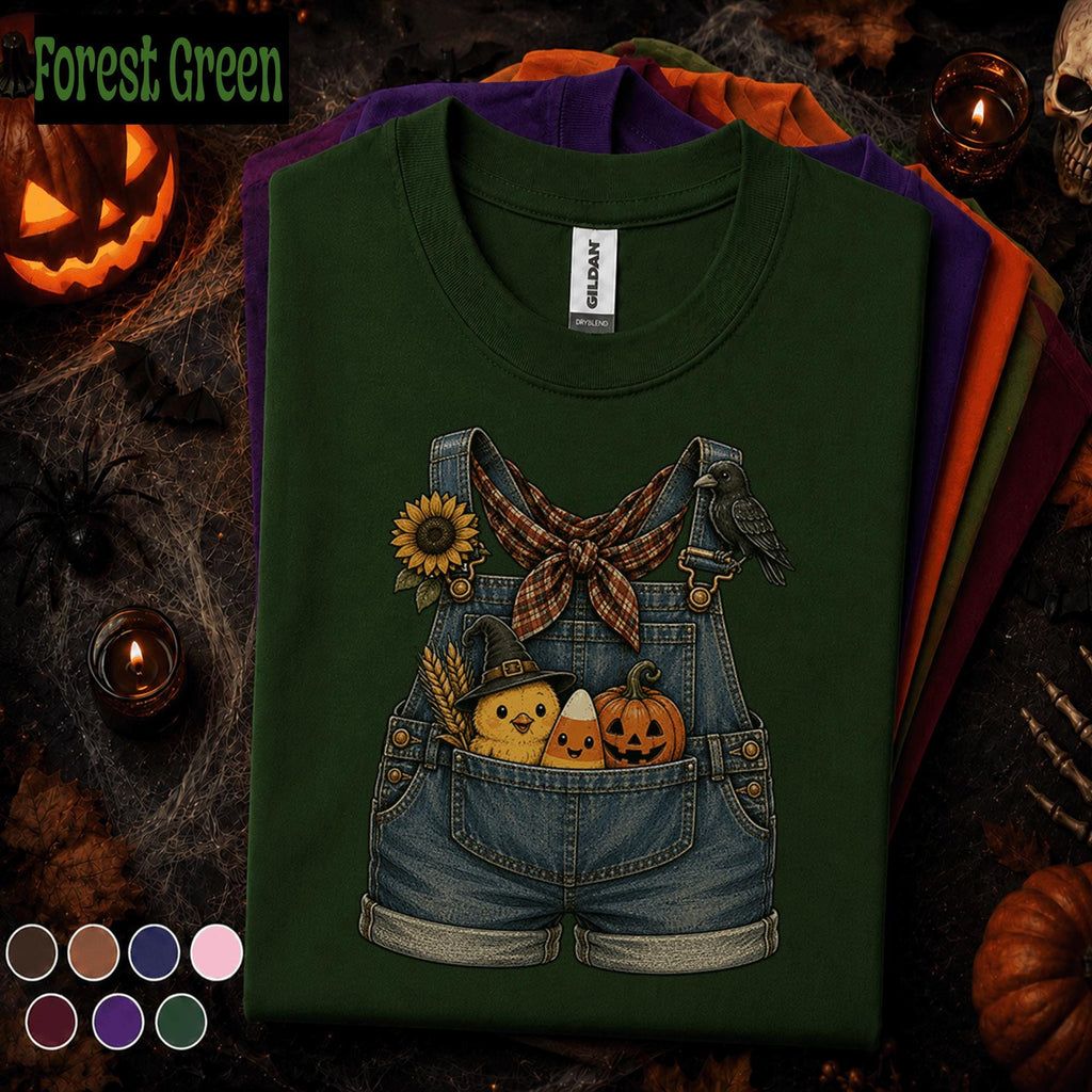 Cute Halloween Overalls Shirt, Pumpkin Candy Corn Chick Tee, Fall Farm Girl, Spooky Crow Sunflower Shirt, Autumn Country Gift