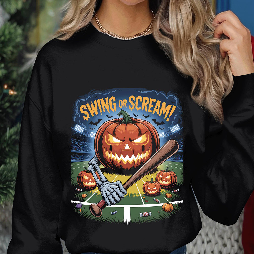 Swing Or Scream Halloween Baseball Shirt, Ghost Baseball Sweatshirt, Game Day Shirt, Baseball Shirt, Spooky Sports Fan Baseball Pumpkin Tee