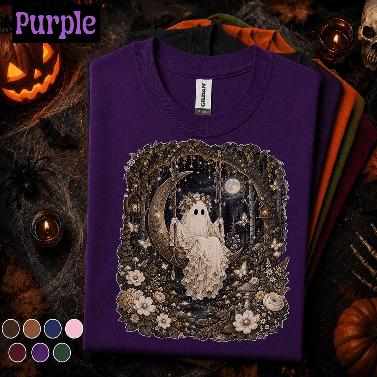 Boho Ghost Halloween Shirt, Crescent Moon Swing Tee, Whimsical Spooky Forest Shirt, Cottagecore Halloween Gift for Women