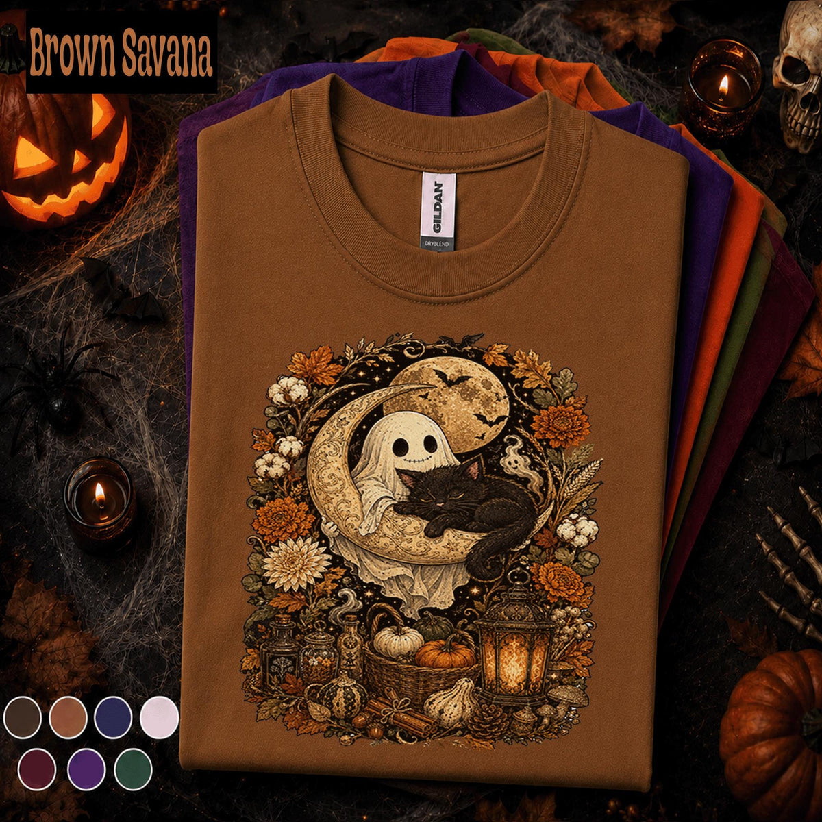 Cute Ghost Black Cat Halloween Shirt, Crescent Moon Spooky Tee, Vintage Autumn Floral, Cozy Witchy Fall Shirt, Cat Lover Gift