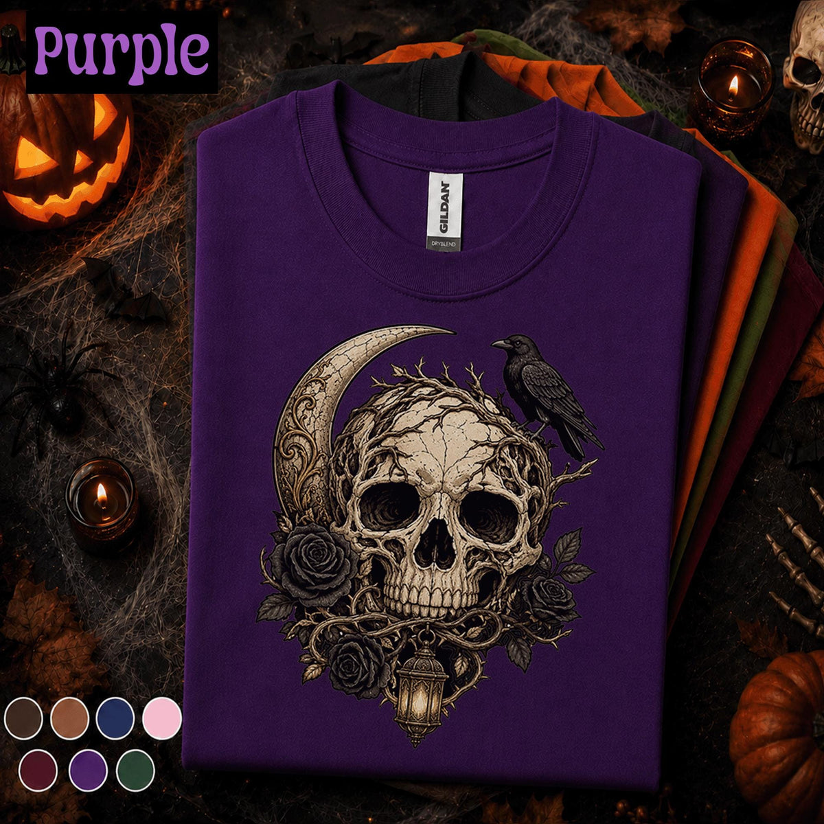 Gothic Skull Halloween Shirt, Raven Crescent Moon Tee, Dark Floral Skeleton Shirt, Spooky Witchy Tee, Gothic Halloween Gift