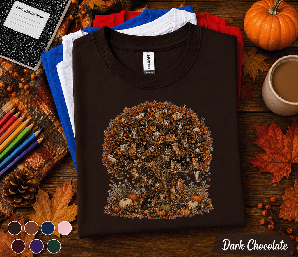 Cute Cat Fall Shirt, Autumn Kitten Tree Tee, Pumpkin Harvest Cat Lover T-Shirt, Woodland Cats Cottagecore Fall Outfit, Thanksgiving Gift