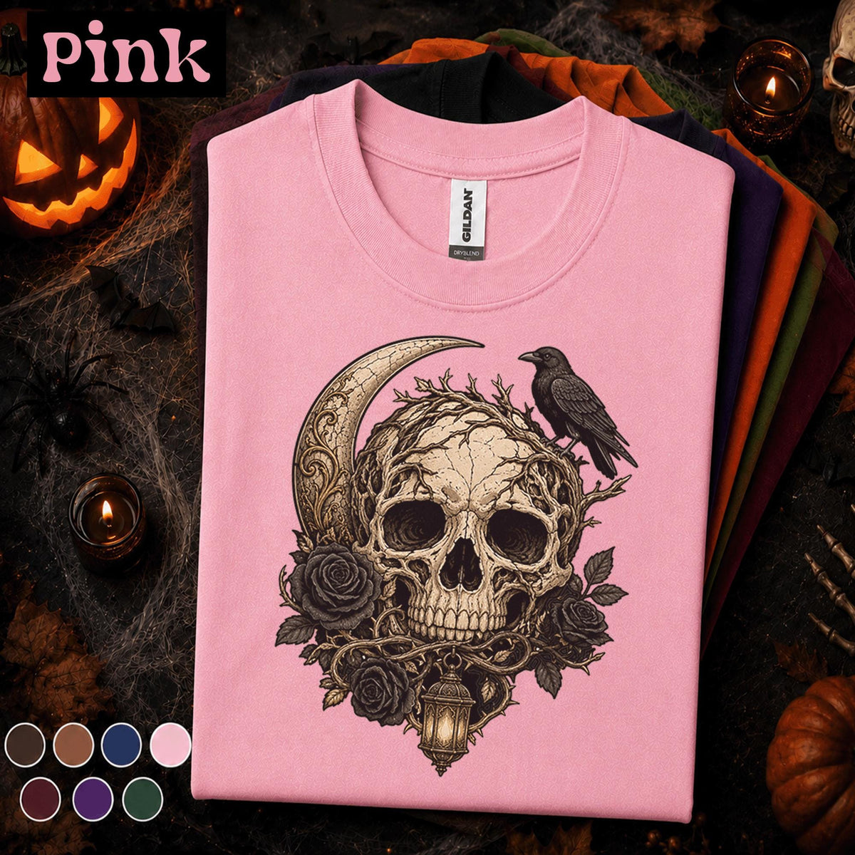 Gothic Skull Halloween Shirt, Raven Crescent Moon Tee, Dark Floral Skeleton Shirt, Spooky Witchy Tee, Gothic Halloween Gift