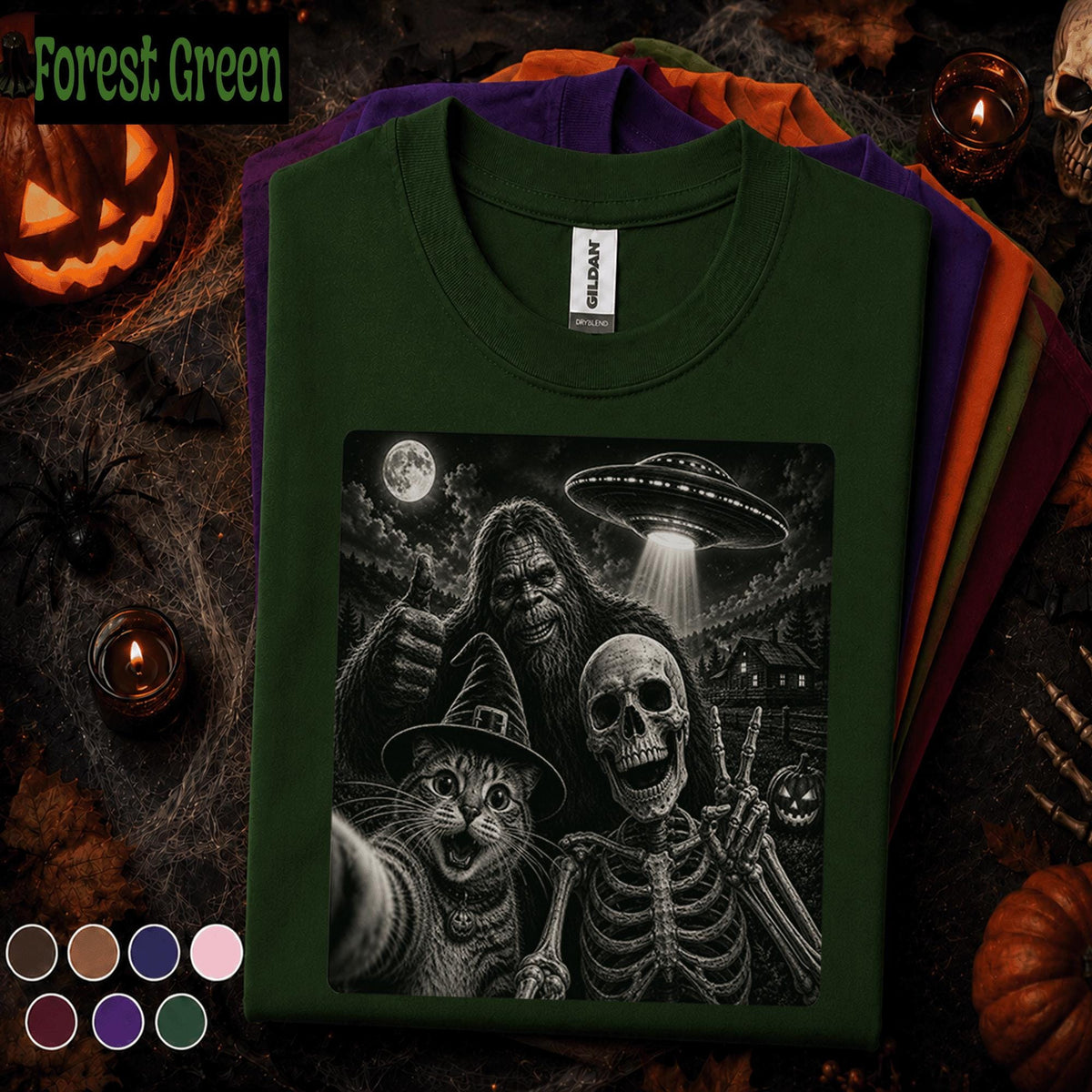 Bigfoot Halloween Shirt, Skeleton Witch Cat Selfie Tee, Funny Sasquatch UFO T Shirt, Spooky Cryptid Halloween Tee, Weird Gift