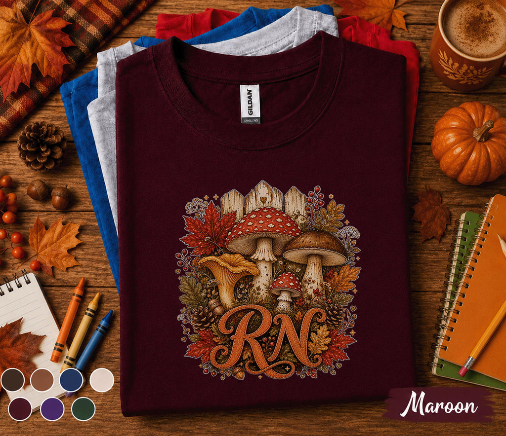 Fall RN Nurse Shirt, Autumn Mushroom RN Tee, Woodland Nurse Shirt, Cozy Registered Nurse Gift, Medical Fall Sweatshirt, Healthcare Worker