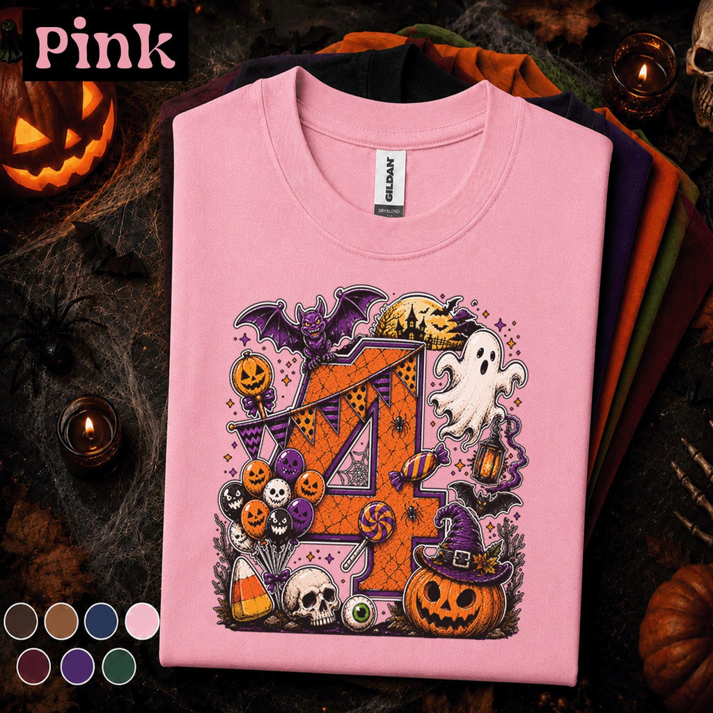 4th Birthday Halloween Shirt, Spooky Number 4 Tee, October Birthday Party Shirt, Ghost Pumpkin Witch Kids Halloween Gift for Girls Boys