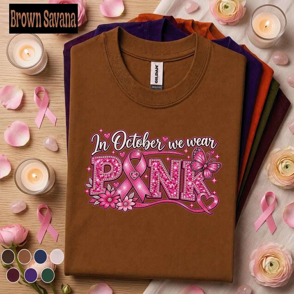 Breast Cancer Awareness Shirt, In October We Wear Pink Tee, Pink Ribbon Sparkle Shirt, Pink Out October Support Gift for Women