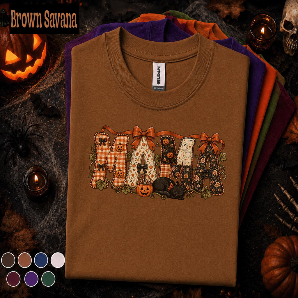 Mama Halloween Shirt, Retro Patchwork Pumpkin Mom Tee, Black Cat Spooky Mama Shirt, Cute Fall Halloween Gift for Mom Autumn Tee