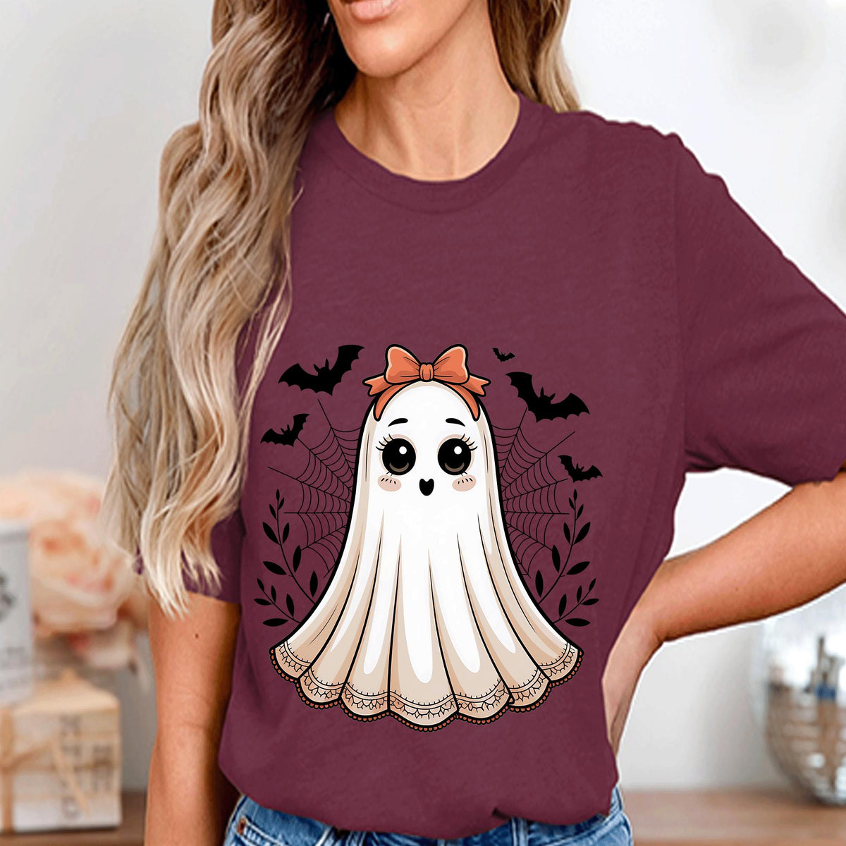 Cute Girly Ghost Shirt, Halloween Spirit Bow Tee, Kawaii Spooky Season Top, Ghost Sweatshirt, Halloween Sweatshirt, Women Halloween Shirts
