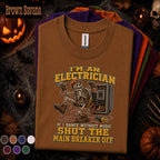 Electrician Halloween Shirt, Funny Skeleton Electrician Tee, Shut Main Breaker Off, Electrical Worker Gift, Spooky Tradesman T-Shirt