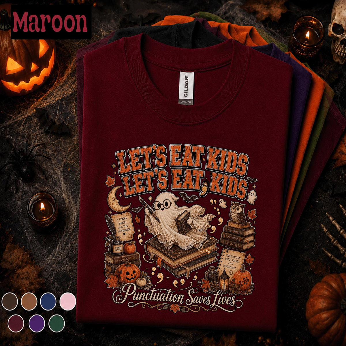 Funny English Teacher Halloween Shirt, Lets Eat Kids Punctuation Saves Lives Tee, Spooky Grammar Teacher Gift, Fall Classroom Educator Tee