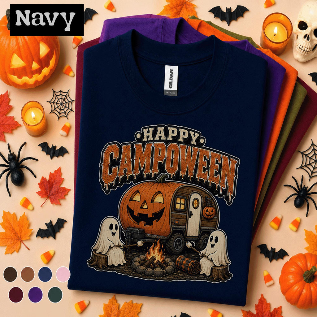 Happy Campoween Halloween Camping Shirt, Cute Ghost Camper Tee, Pumpkin RV Camping Gift, Spooky Campfire Shirt, Fall Camping Tee