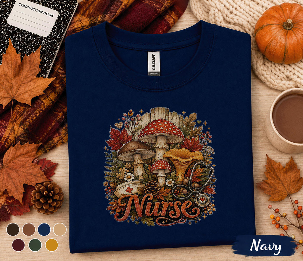 Fall Nurse Shirt, Autumn Mushroom Nurse Tee, Cute RN Fall Shirt, Cozy Nurse Gift, Medical Shirt, Pumpkin Season Nurse Tee, Nurse Gift